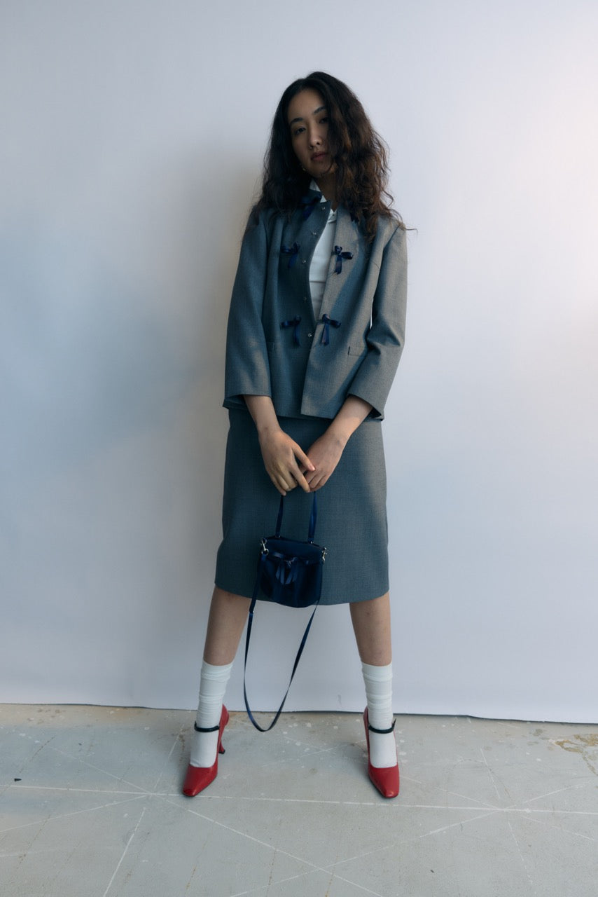 Grey Stand Collar Ribbon Tie Jacket