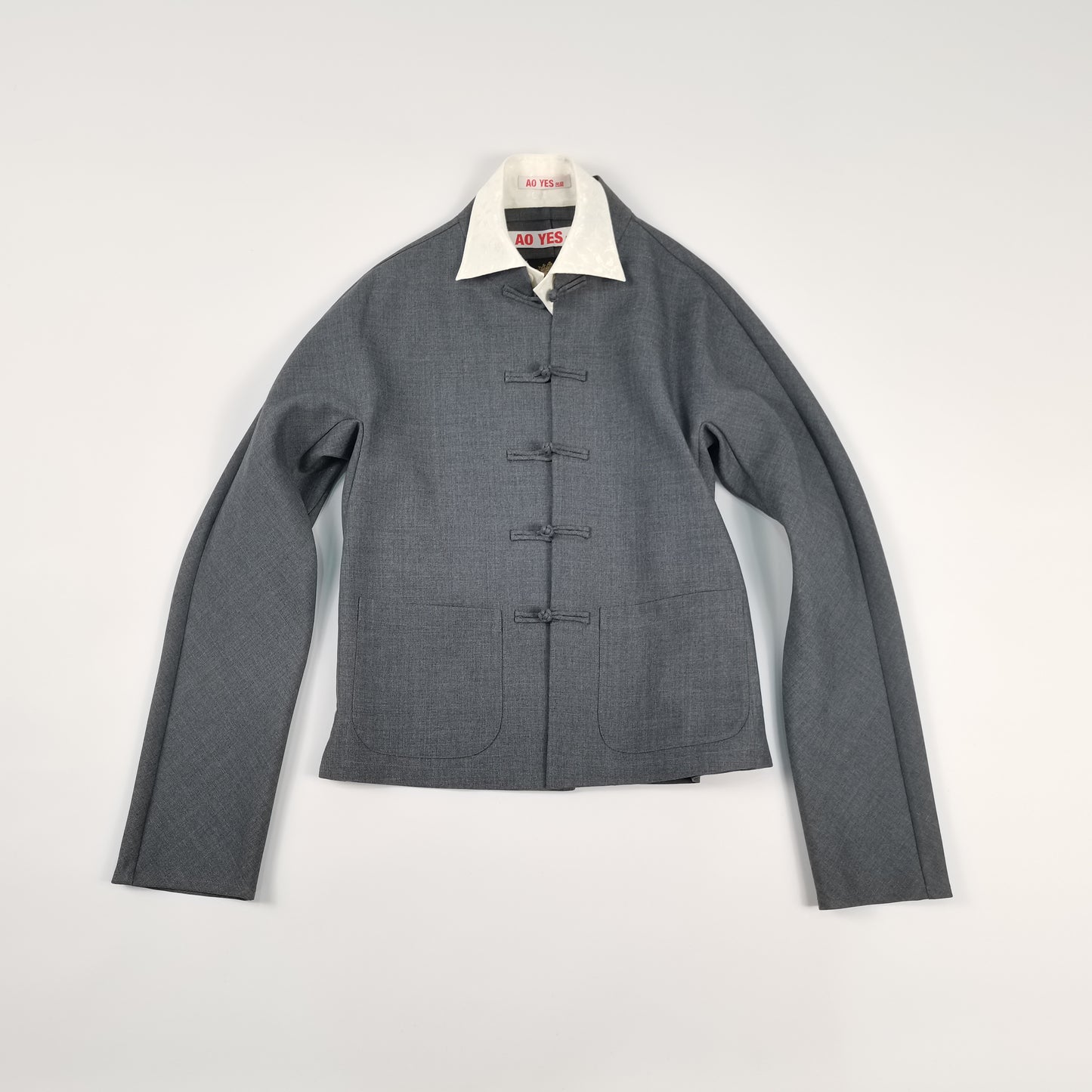 Grey Double Collar Chinese Frogs Serge Shirt
