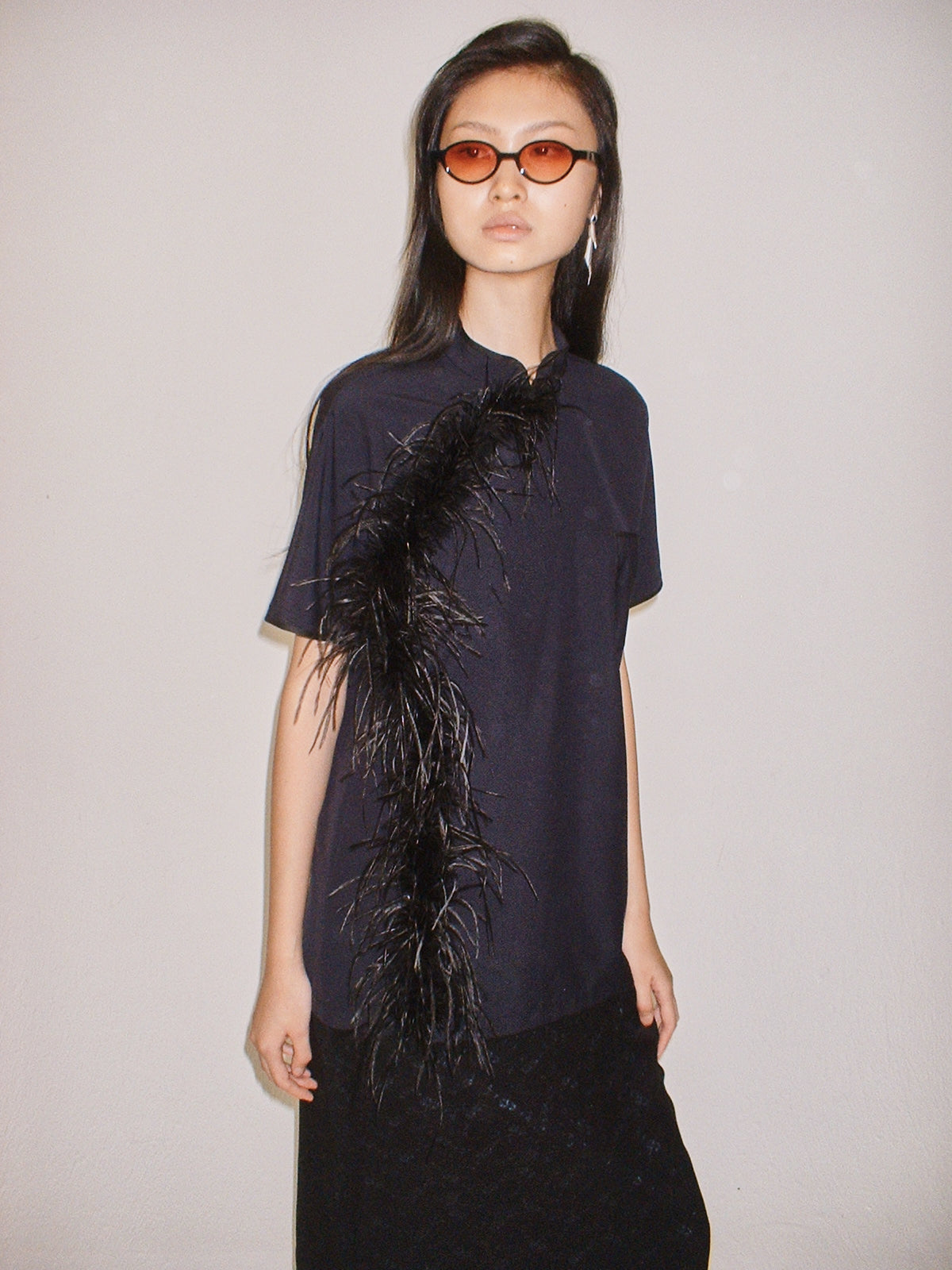 Navy Feather Qipao shirt