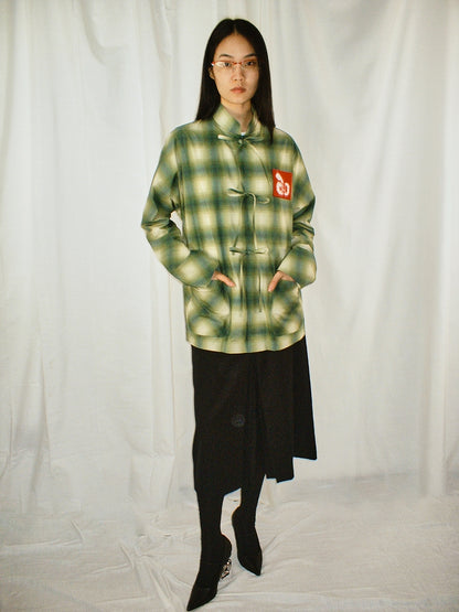 Green check stand collar printed shirt