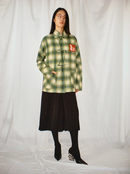 Green check stand collar printed shirt