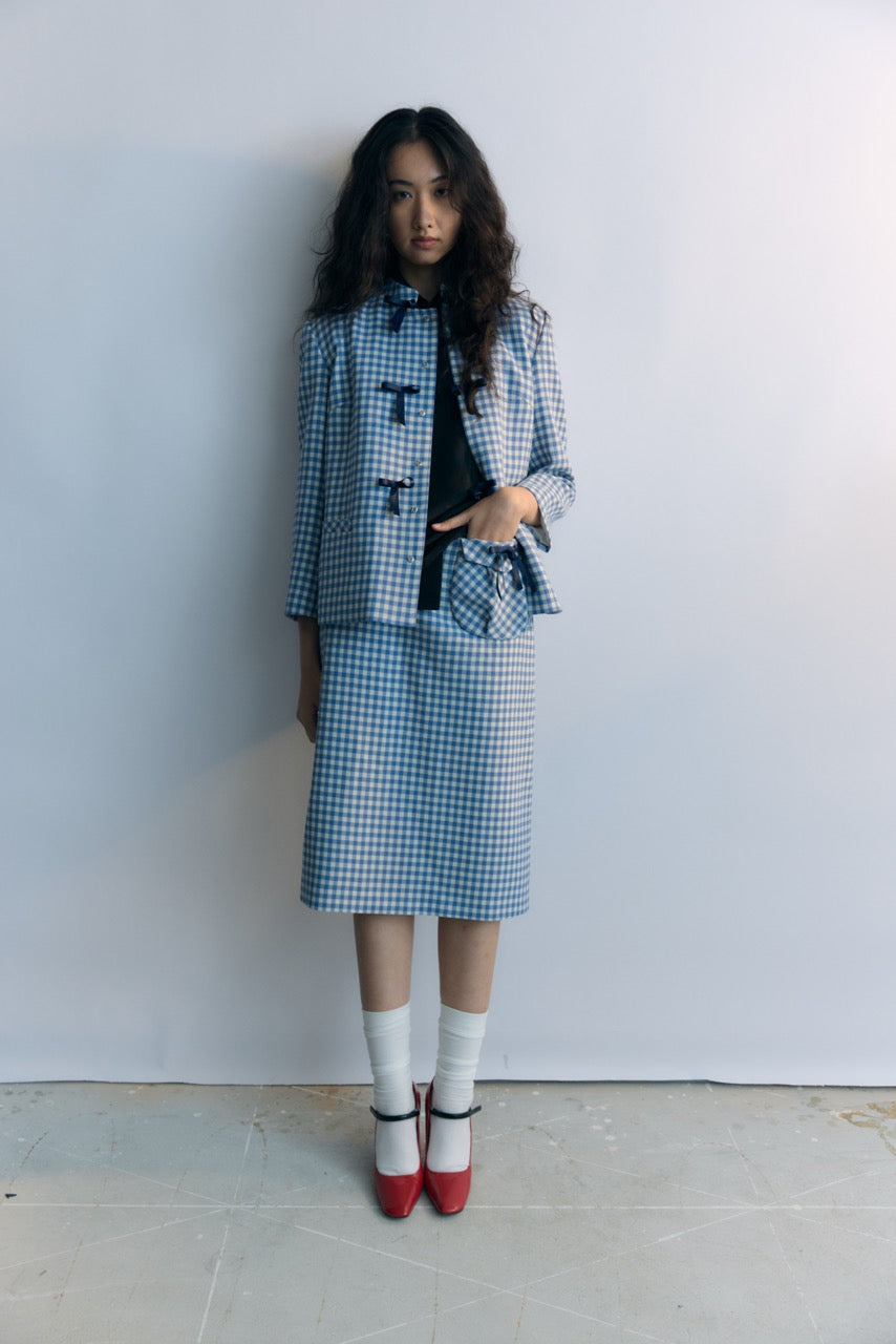 Gingam Check Stand Collar Ribbon Tie Jacket
