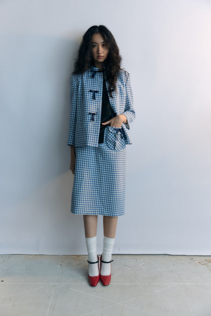 Gingam Check Stand Collar Ribbon Tie Jacket