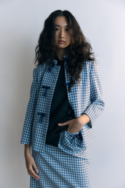 Gingam Check Stand Collar Ribbon Tie Jacket