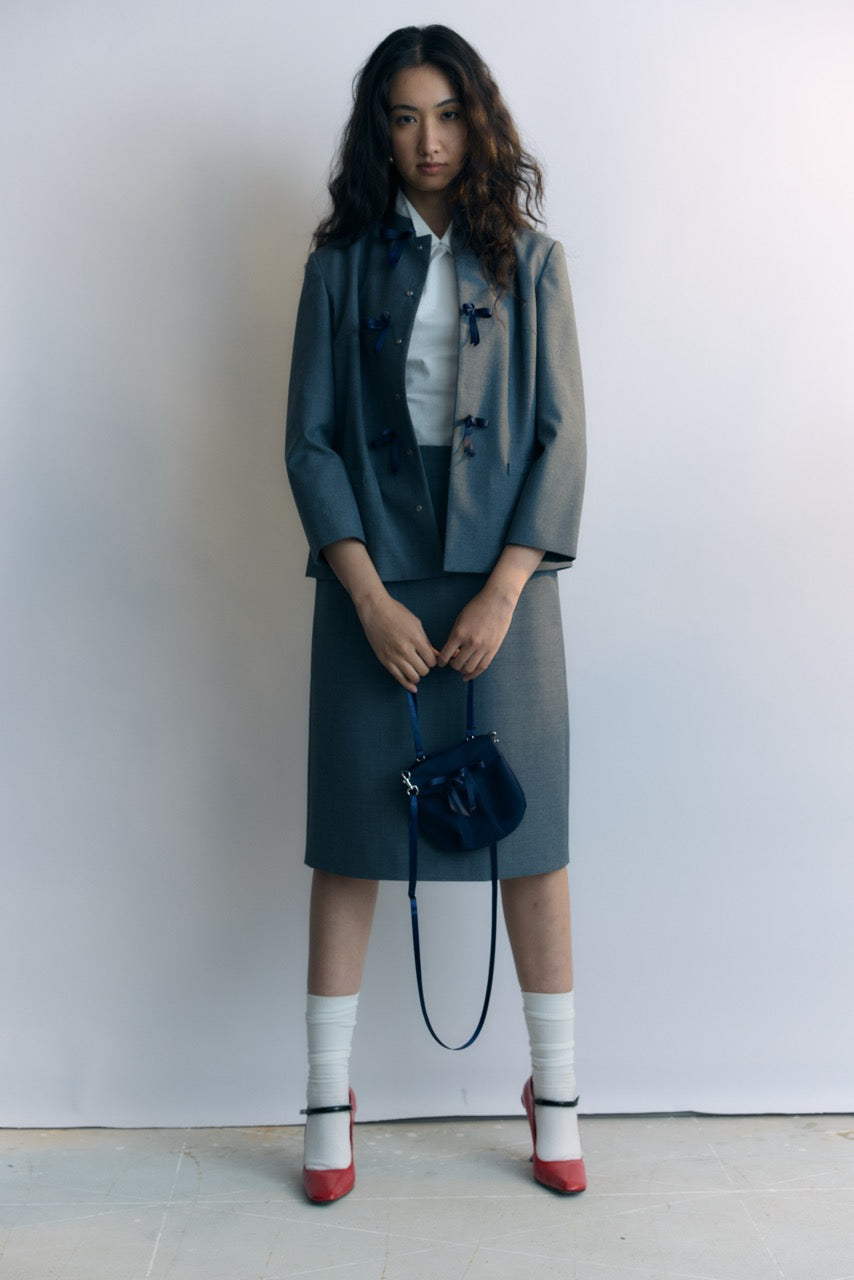 Grey Stand Collar Ribbon Tie Jacket