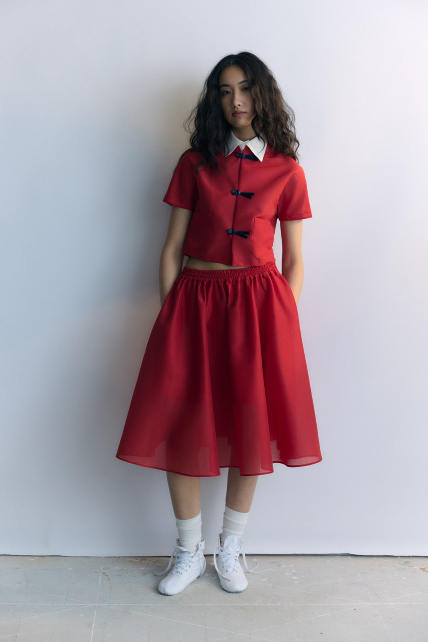 Red Elastic Waistband Flared Skirt