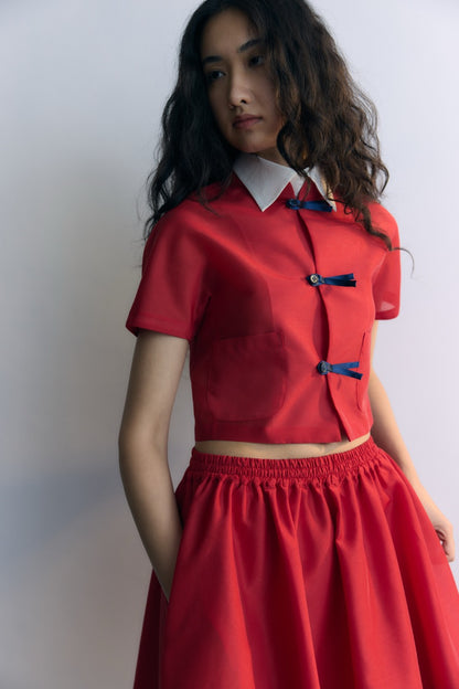 Red Elastic Waistband Flared Skirt