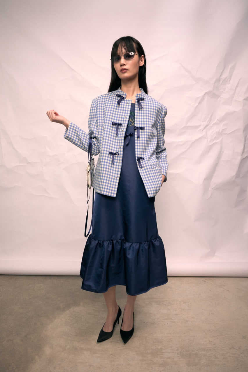 Gingam Check Stand Collar Ribbon Tie Jacket