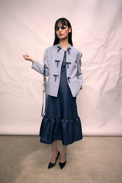 Gingam Check Stand Collar Ribbon Tie Jacket