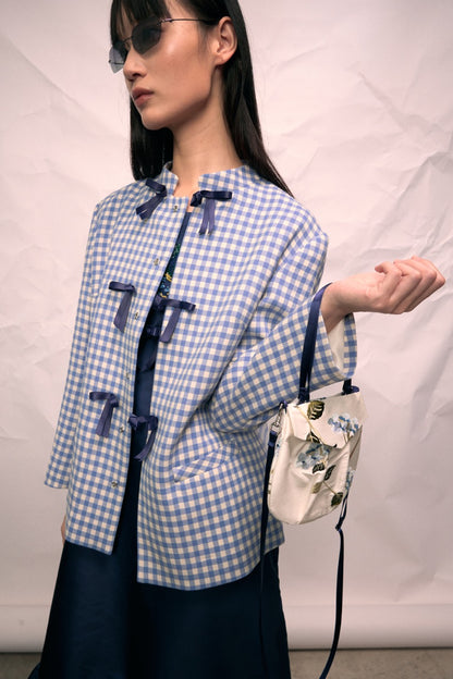 Gingam Check Stand Collar Ribbon Tie Jacket