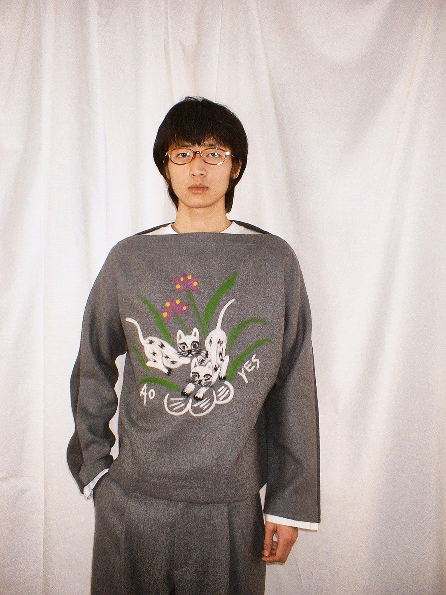 Grey Cat punch needle melton blouse