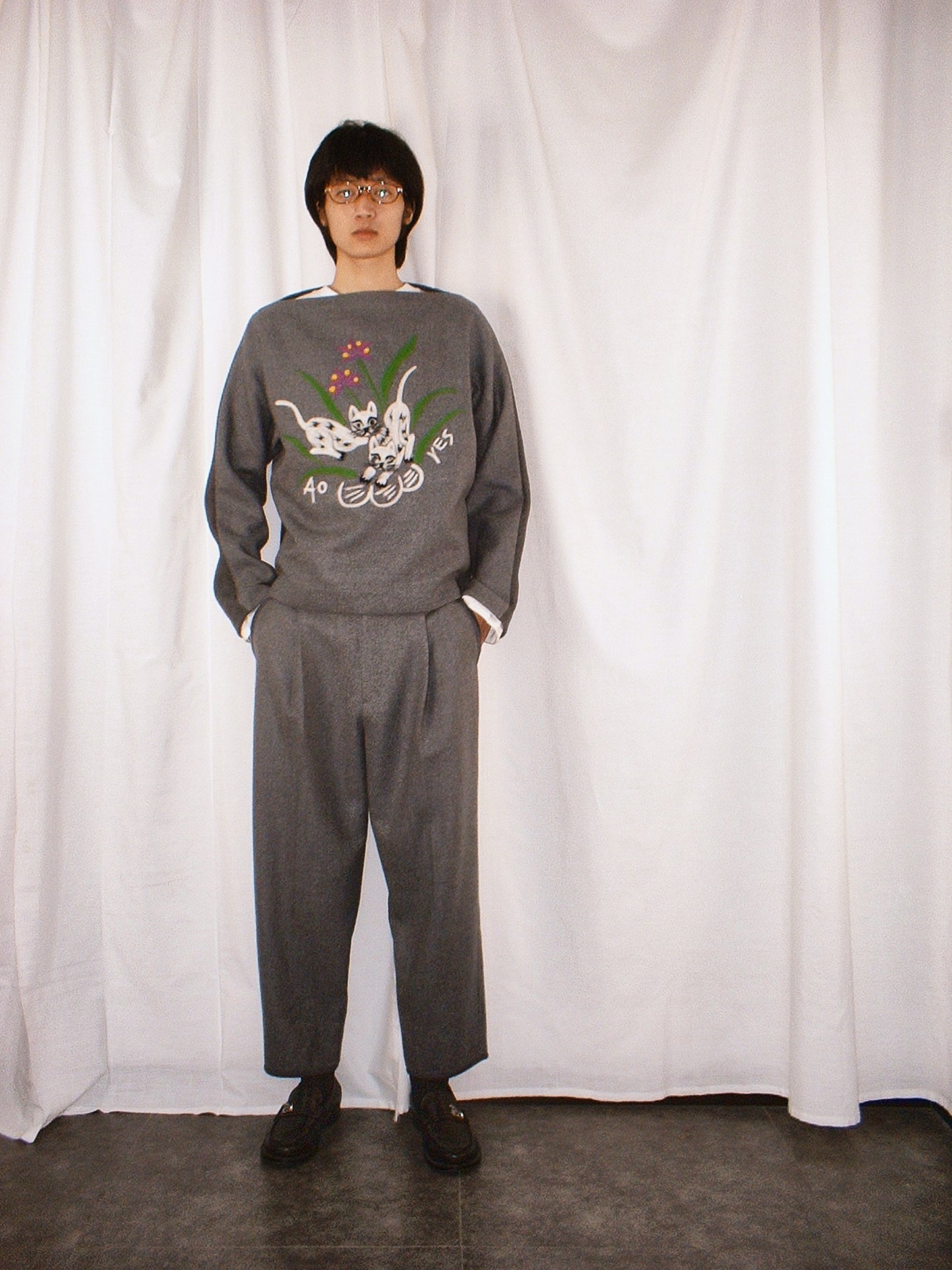 Grey Cat punch needle melton blouse