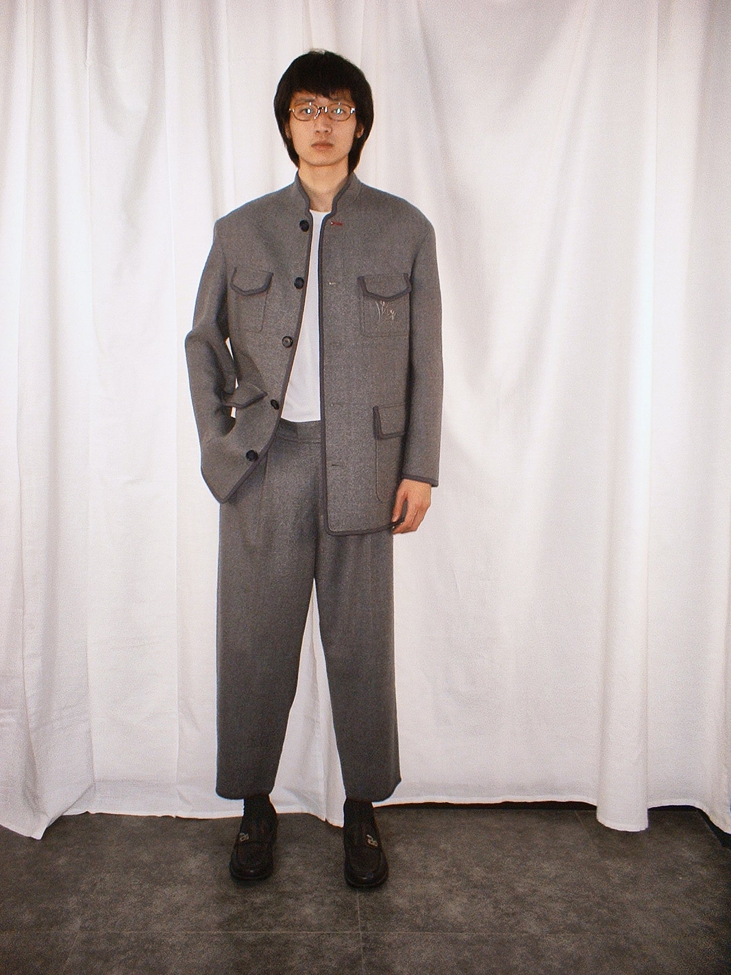 Grey Piping mandarin collar jacket
