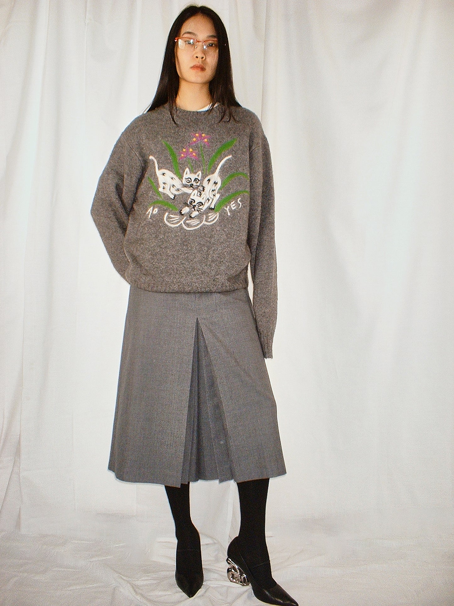 Grey Cat punch needle knit pullover