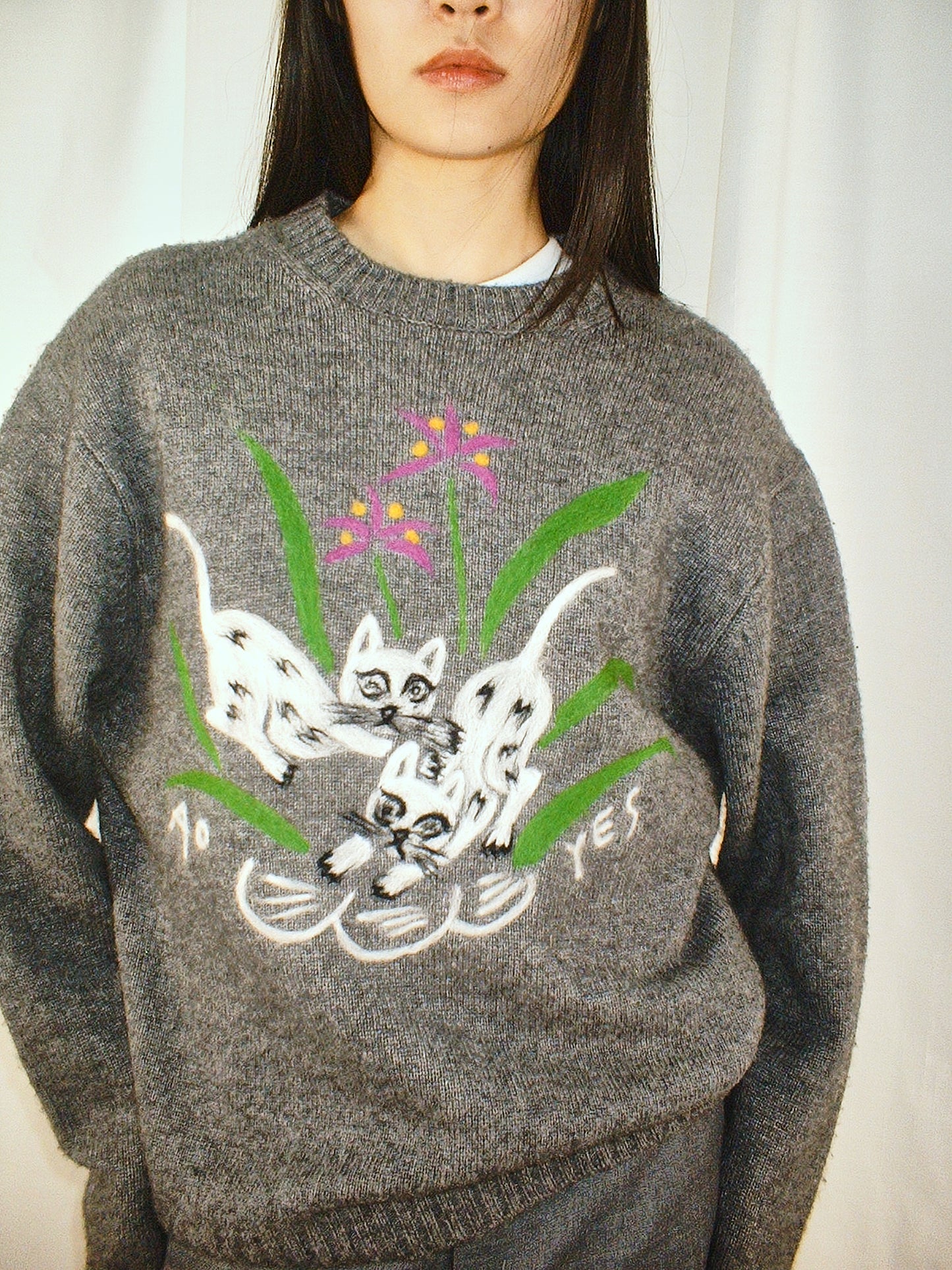 Grey Cat punch needle knit pullover