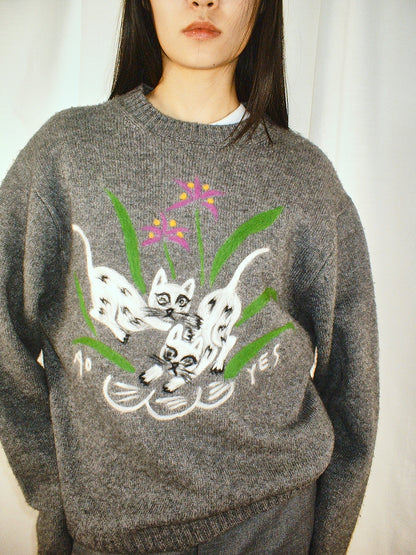 Grey Cat punch needle knit pullover
