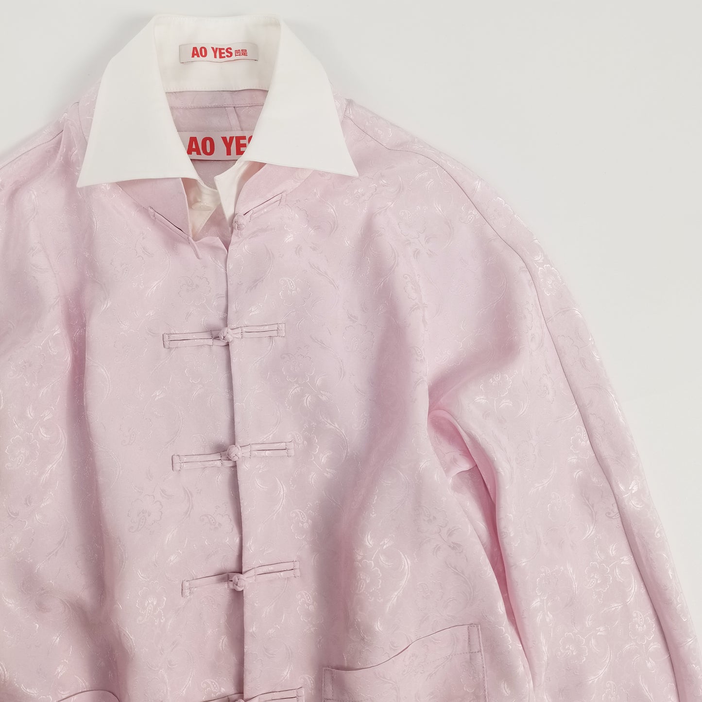 Light Pink Double Collar Chinese Frogs Jaquard Shirt