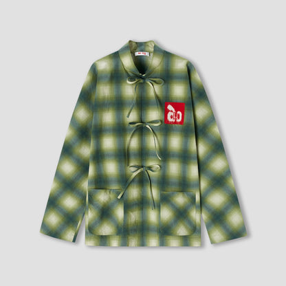 Green check stand collar printed shirt