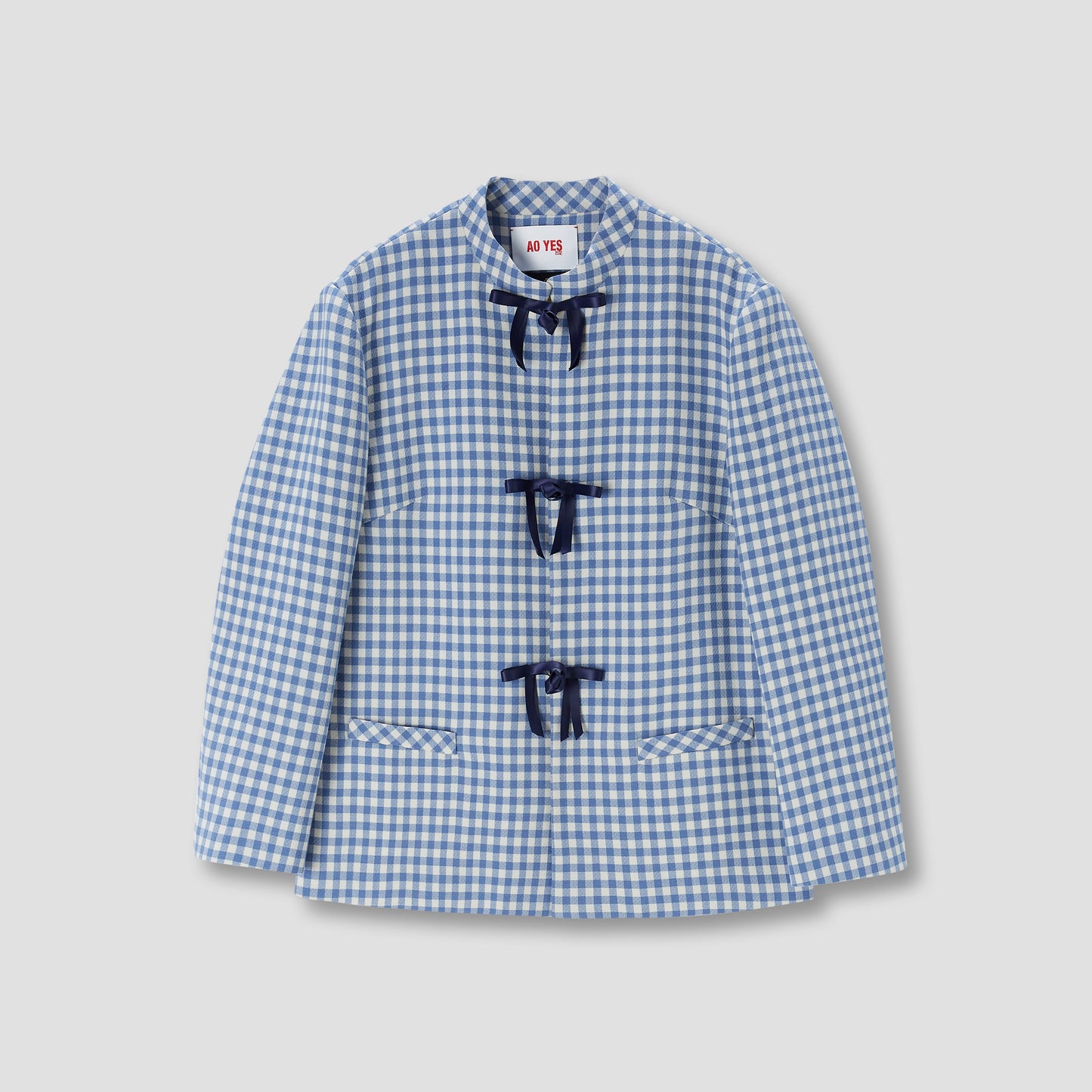 Gingam Check Stand Collar Ribbon Tie Jacket