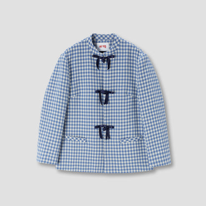 Gingam Check Stand Collar Ribbon Tie Jacket