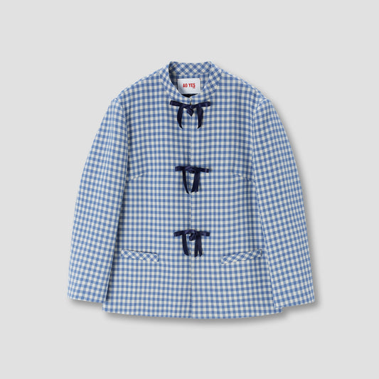 Gingam Check Stand Collar Ribbon Tie Jacket