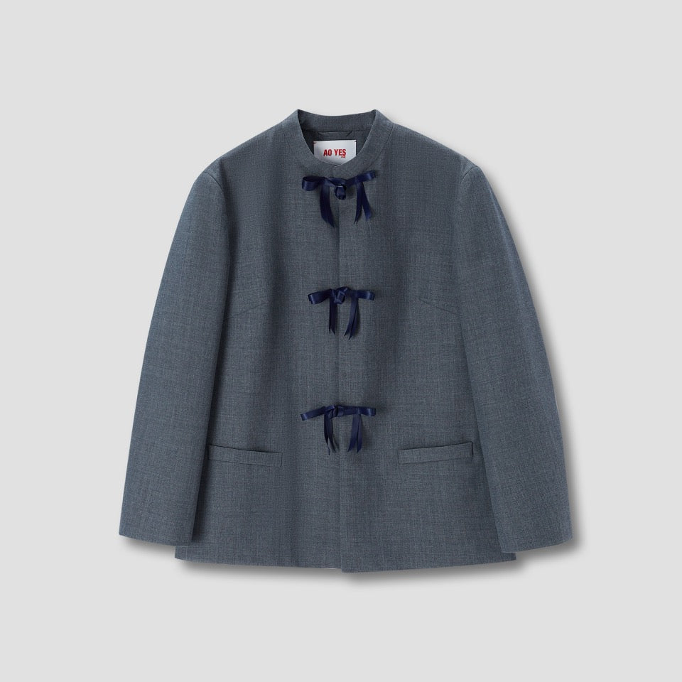 Grey Stand Collar Ribbon Tie Jacket