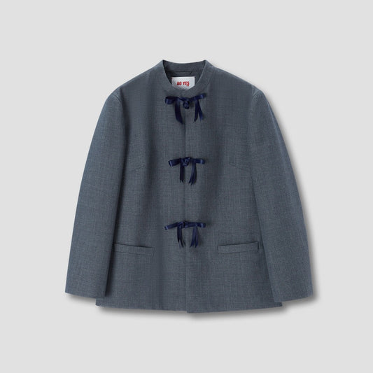 Grey Stand Collar Ribbon Tie Jacket