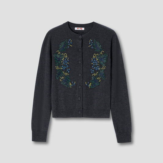 Grey Beads Embroidery Knit Cardigan