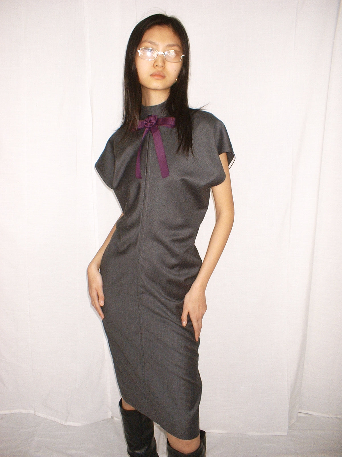 Grey Ribbon tie bias cut dress