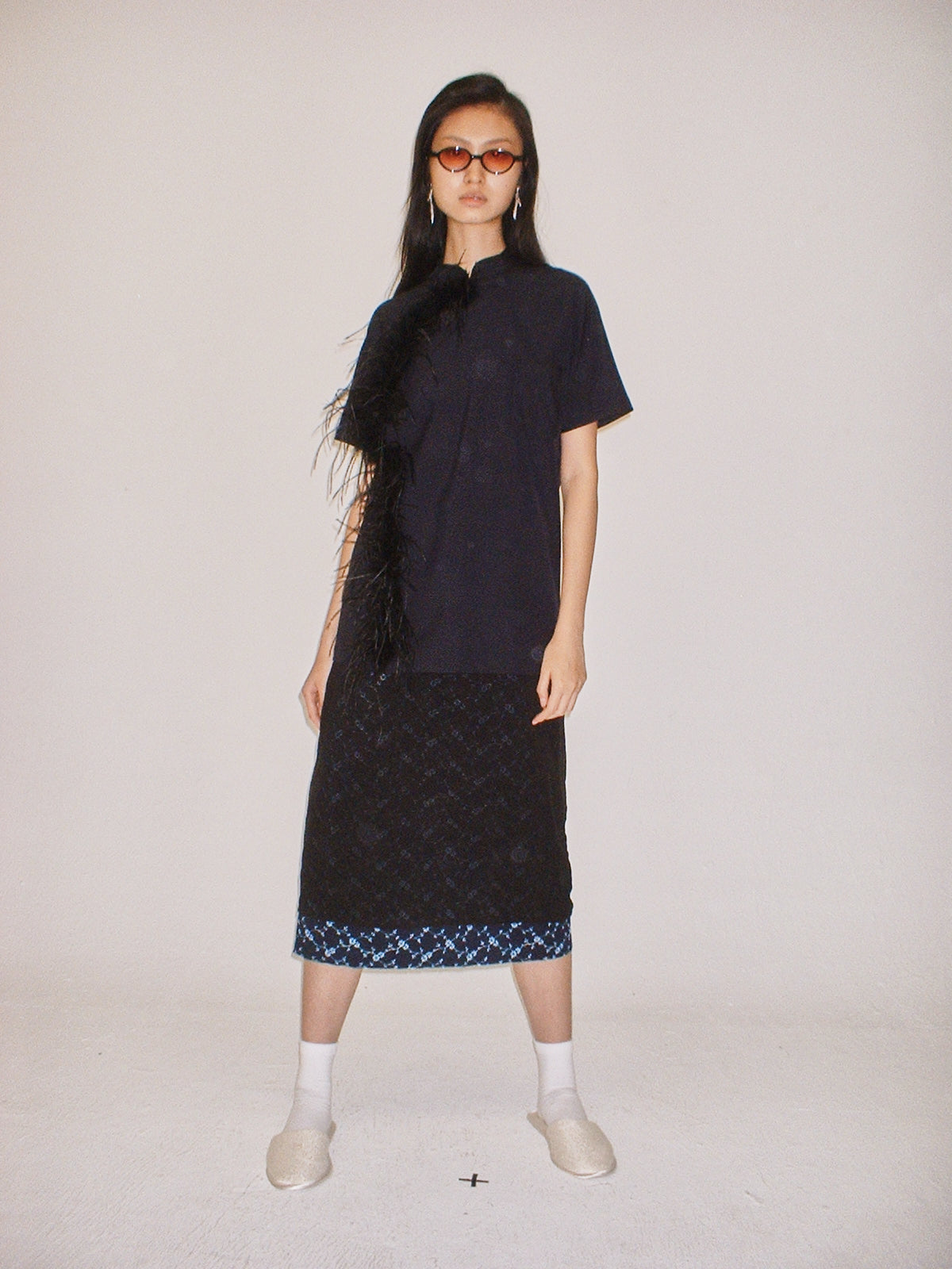 Navy Feather Qipao shirt