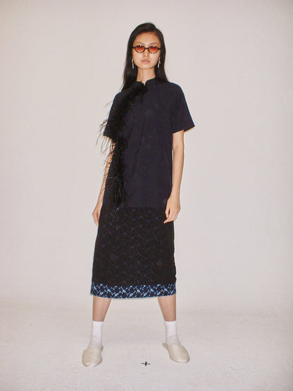 Navy Feather Qipao shirt
