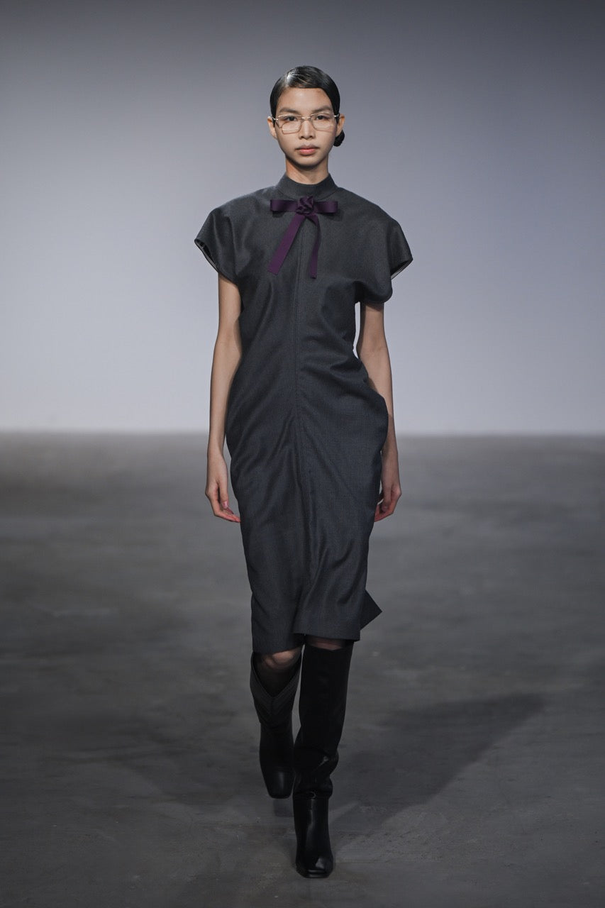 Grey Ribbon tie bias cut dress