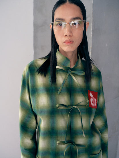 Green check stand collar printed shirt