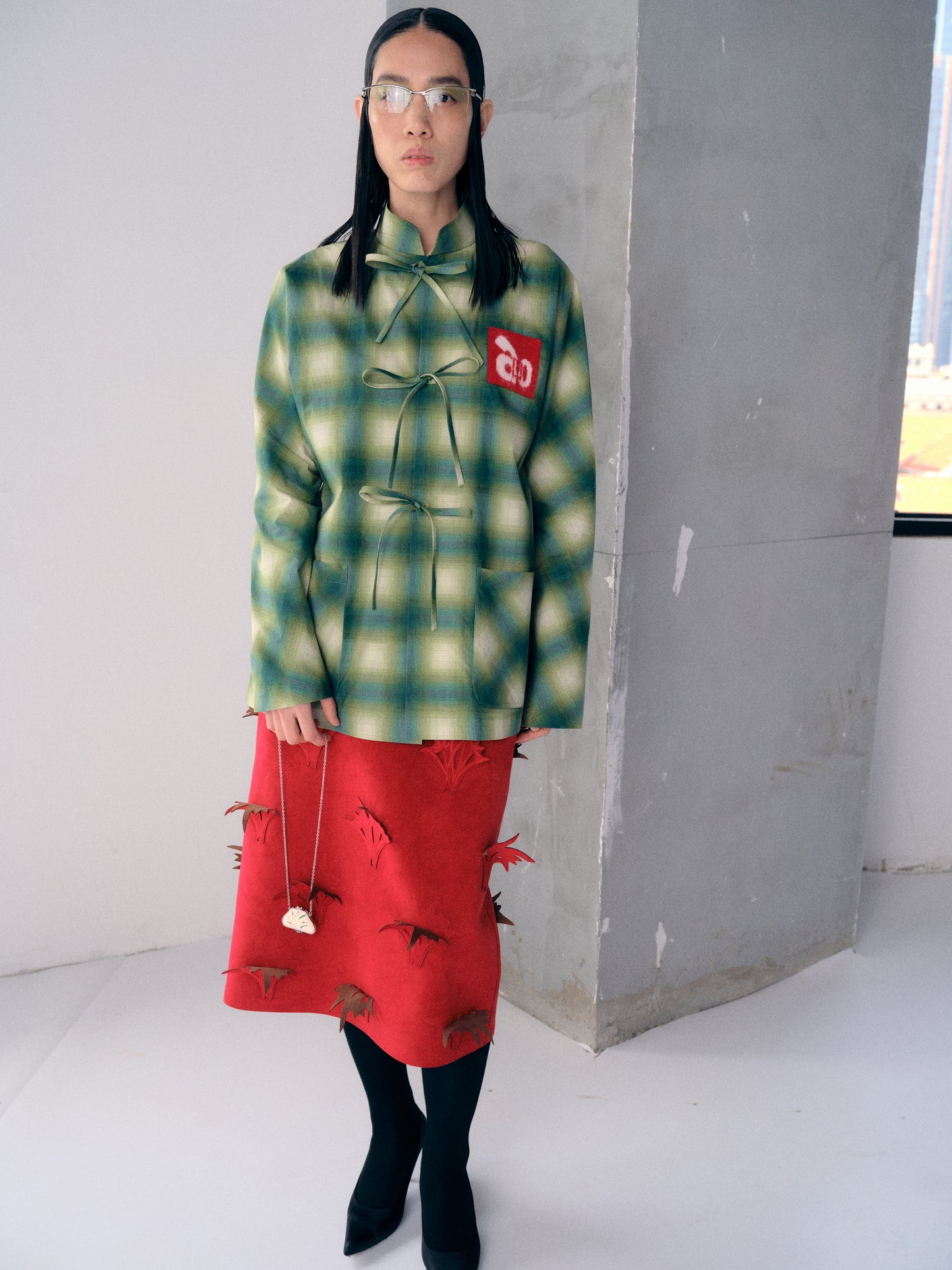 Green check stand collar printed shirt