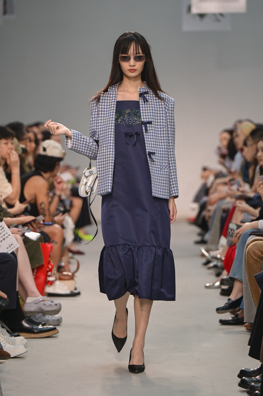 Gingam Check Stand Collar Ribbon Tie Jacket