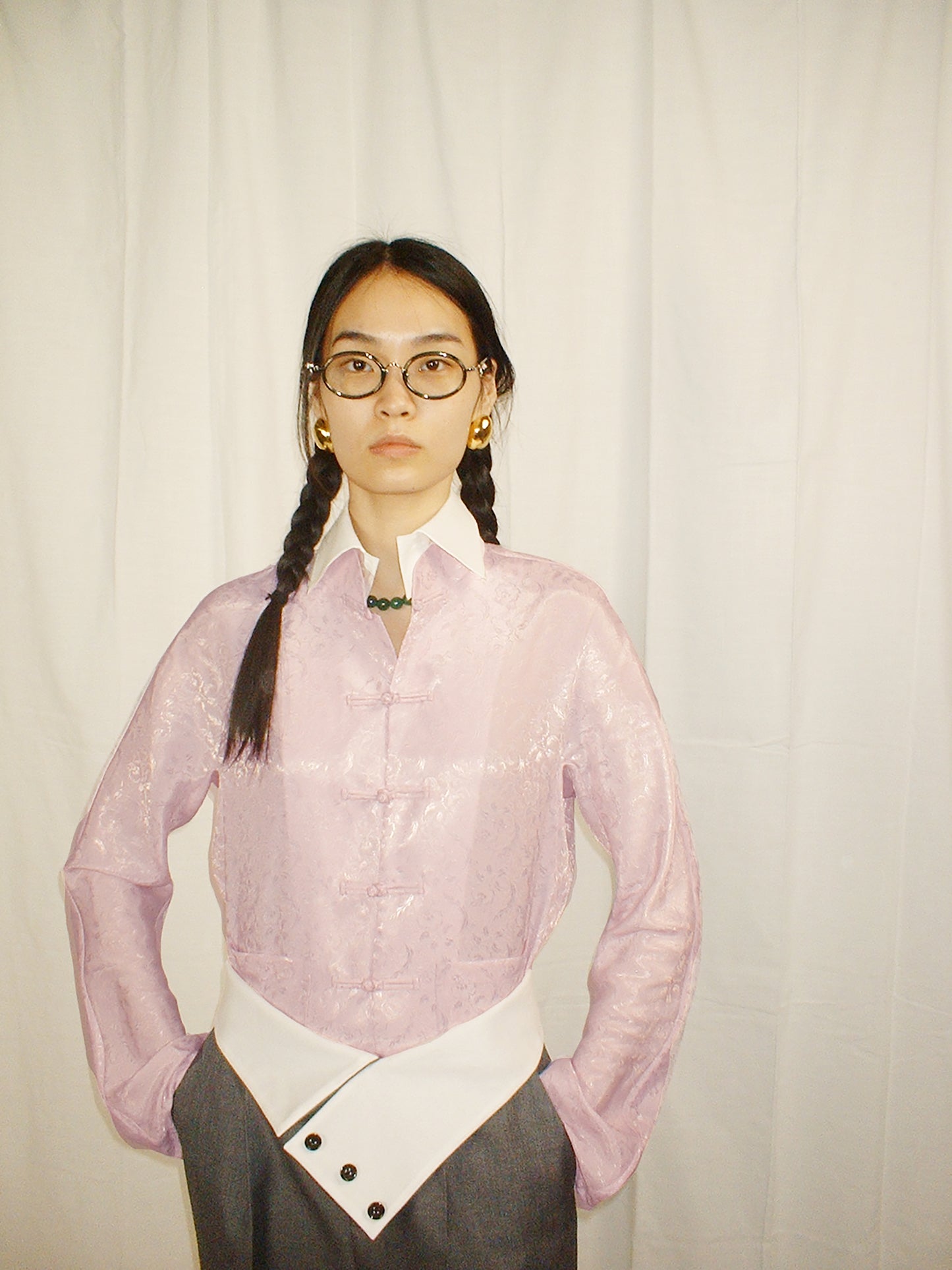 Light Pink Double Collar Chinese Frogs Jaquard Shirt
