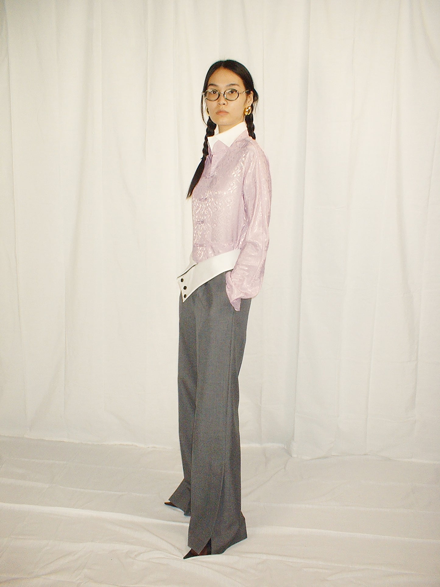 Light Pink Double Collar Chinese Frogs Jaquard Shirt