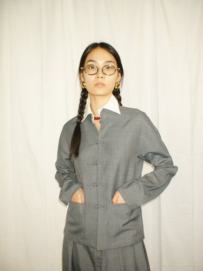 Grey Double Collar Chinese Frogs Serge Shirt
